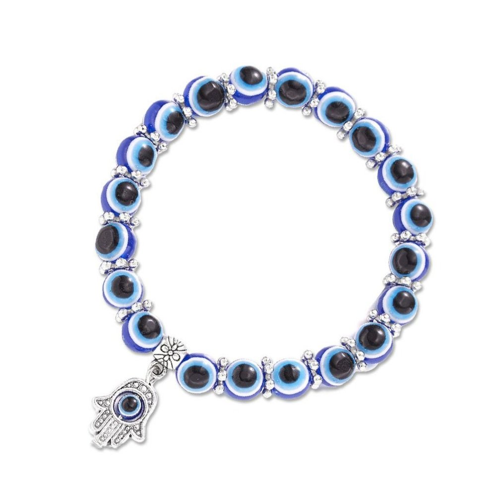 Bracelet / Vintage Blue Evil Eye Hand Charm  / Stretch Bracelet  / Man or Woman